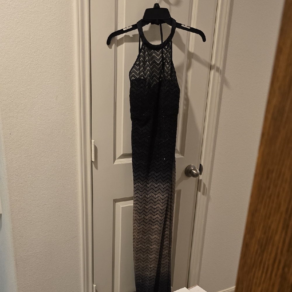 Morgan & Co. Black and Gold Ombre Backless Dress